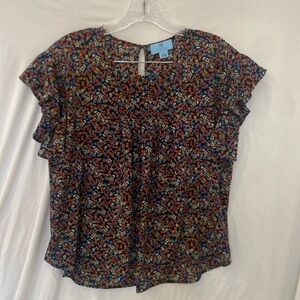 Cece Nordstrom black floral flutter sleeve blouse PS